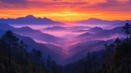 Obraz premium breathtaking mountain sunrise paints the sky in vivid hues of orange pink and gold majestic peaks silhouetted against the dawning light mistfilled valleys slowly awakening to a new day