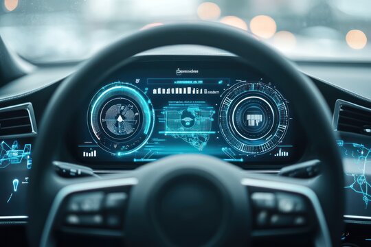 Car technology interface display on solid white background, single object