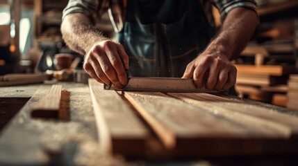 Close-up of a carpenter’s hands measuring and cutting a wooden plank with a saw, surrounded by woodworking tools in a workshop setting, showcasing the detailed process of wood installation