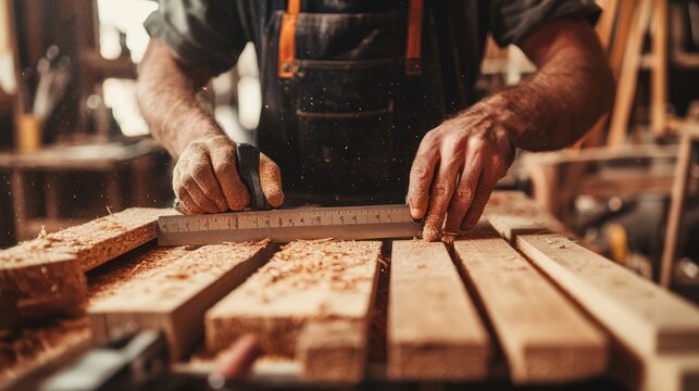 Close-up of a carpenter’s hands measuring and cutting a wooden plank with a saw, surrounded by woodworking tools in a workshop setting, showcasing the detailed process of wood installation