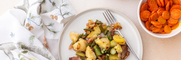 Stewed duck fillet with potatoes and asparagus and radishes, mixed salad of various greens, baked carrots in tahini sauce, healthy delicious breakfasts or lunches, banner