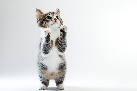 A cat rises up, its entire body isolated on a white backdrop and its two front paws raised. Generative Ai
