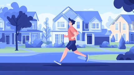 A man jogs in a vibrant neighborhood, enjoying fitness and nature amidst charming houses under a clear blue sky.