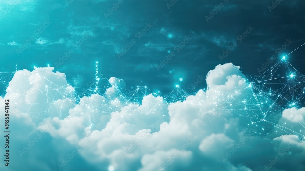 Poster cloud computing network with interconnected data servers and digital clouds in a futuristic virtual 
