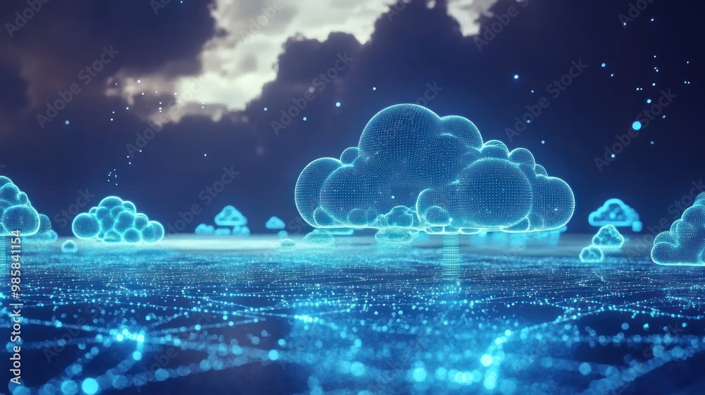 Poster cloud computing network with interconnected data servers and digital clouds in a futuristic virtual 