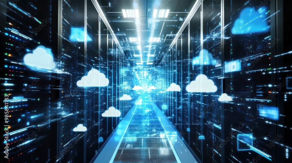 Poster cloud computing network with interconnected data servers and digital clouds in a futuristic virtual 