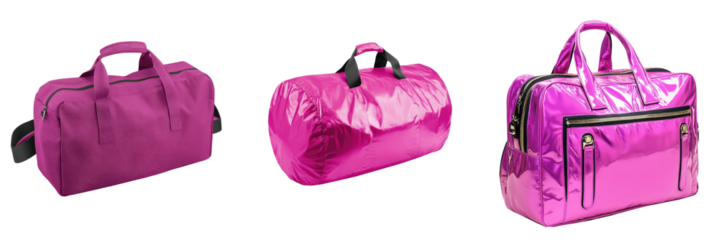 Three gym bags mockup set, pink sports bag for branding isolated Png, transparent without background.