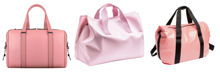 Three gym bags mockup set, pink sports bag for branding isolated Png, transparent without background.