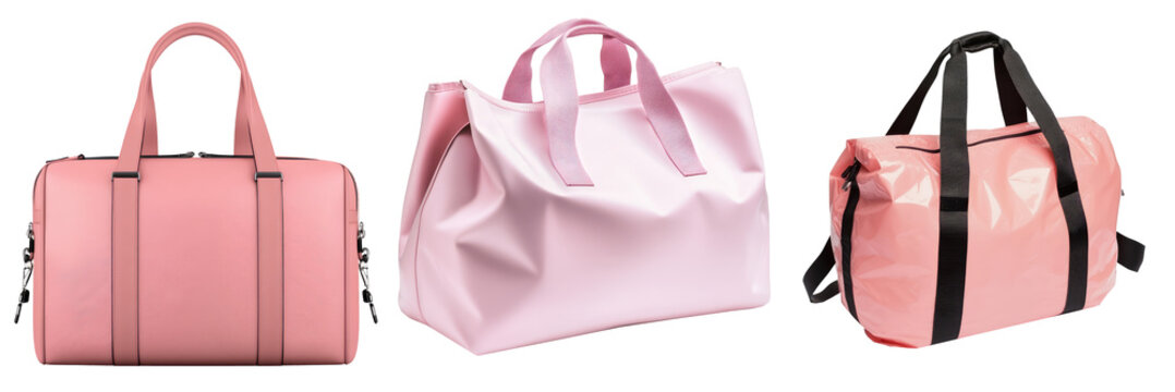 Three gym bags mockup set, pink sports bag for branding isolated Png, transparent without background.