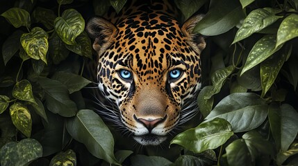 A well-camouflaged male jaguar with piercing blue eyes lies in wait within the lush greenery of the forest. Its spotted coat blends seamlessly with the dappled light and shadows