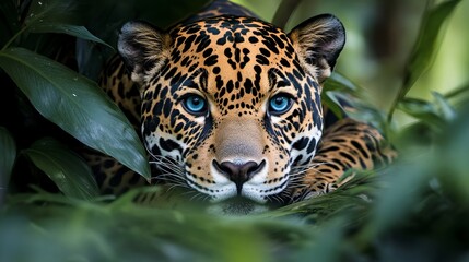 Obraz premium A well-camouflaged male jaguar with piercing blue eyes lies in wait within the lush greenery of the forest. Its spotted coat blends seamlessly with the dappled light and shadows