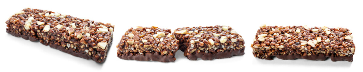 Set of chocolate protein bars with nuts, cereal and granola isolated on transparent background, high protein sports nutrition