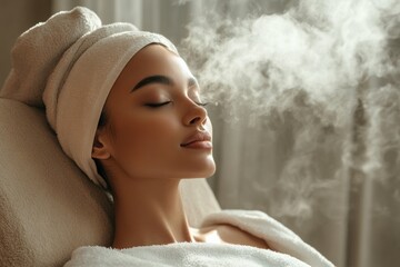 Fototapeta premium Young woman enjoying facial steaming at spa salon