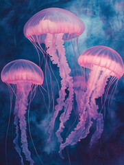 Obraz premium Mesmerizing watercolor painting of jellyfish gracefully drifting in the depths of the ocean, illuminated by ethereal light, showcasing their translucent bodies and flowing tentacles amidst a backdrop 
