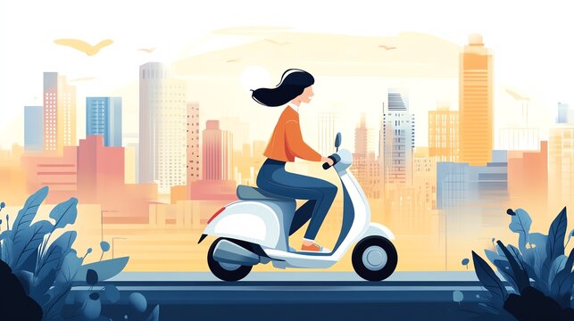 A woman rides a scooter through a vibrant cityscape, showcasing urban life and transportation in a colorful illustration.
