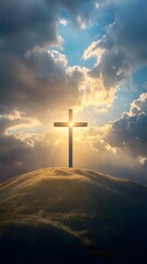 A wooden cross shining in the sky, atop an old hill covered with rubble and grasses. God rays, a dramatic sky, photorealistic, hyper-detailed, and a cinematic look.