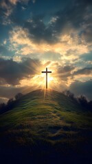 A wooden cross shining in the sky, atop an old hill covered with rubble and grasses. God rays, a dramatic sky, photorealistic, hyper-detailed, and a cinematic look.