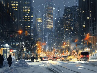 City street scene at night with snow falling and traffic.