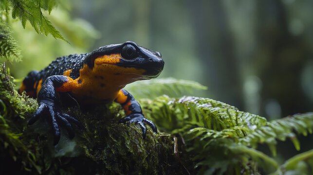Amidst the verdant embrace of the forest, a fire salamander (Salamandra salamandra) basked in its fiery hues. 