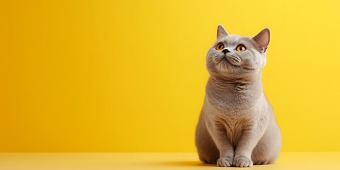A funny portrait of a gray cat looking up against a cheerful yellow background, ideal for light-hearted pet photography.