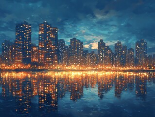 Obraz premium Cityscape with reflections of buildings in the water at dusk.