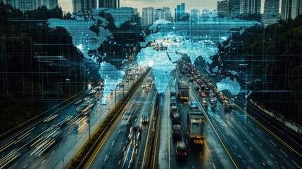 Digital world map overlayed on a busy highway, illustrating the interconnectedness of global trade routes and modern transportation systems