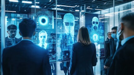 Diverse group of professionals accessing a secure facility using retina scanning biometric technology at an advanced security terminal