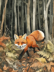 Fototapeta premium Intriguing watercolor painting of a sly fox stealthily creeping through tall grass, with its vibrant orange fur contrasting against the lush green backdrop, capturing the essence of its cunning nature