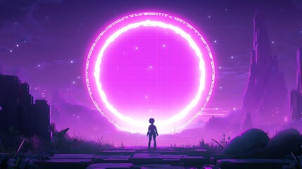 A lone figure stands in awe before a massive, glowing, pink portal in a futuristic landscape.