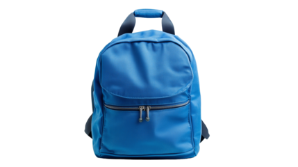 Blue Backpack Isolated. A classic blue backpack with a front zipper pocket, isolated on a white background. Suitable for themes like back-to-school, travel, or outdoor activities.