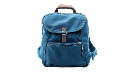 Blue Backpack Isolated. A classic blue backpack with a front zipper pocket, isolated on a white background. Suitable for themes like back-to-school, travel, or outdoor activities.