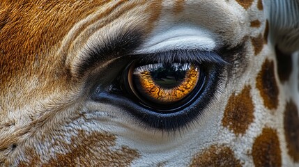 Close-up photograph showcases the mesmerizing intricacies of a giraffe's eye, adorned by the unique patterns etched into its surrounding skin. 