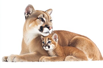 Obraz premium The mother puma lounges gracefully while her curious cub nestles beside her, embodying warmth and affection in a peaceful atmosphere