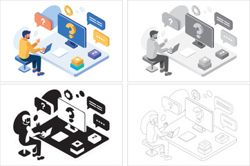 Discussion and brainstorming in team concept. Group of business people at work, office meeting. Professional communication. Isolated flat vector illustration
