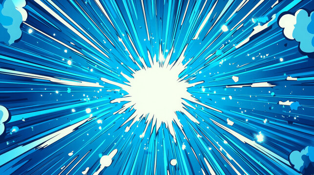 Blue pop art retro background with exploding rays of lightning comic style, vector illustration