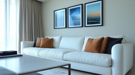Modern Living Room Interior Design with White Sofa and Ocean Themed Artwork
