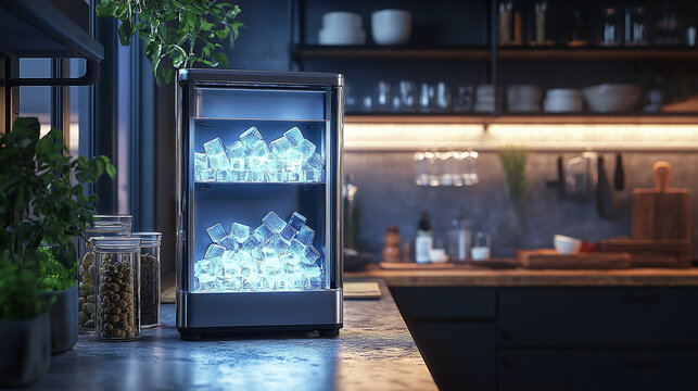 a photostock image of a compact home ice maker in augmented reality, with ice type options, production capacity, and water reservoir details in a digital kitchen