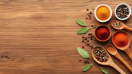 Spices and herbs scattered on a rustic wooden table, with cooking utensils.
