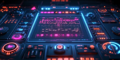 Close-up of a futuristic control panel with glowing buttons, dials, and a screen displaying data.