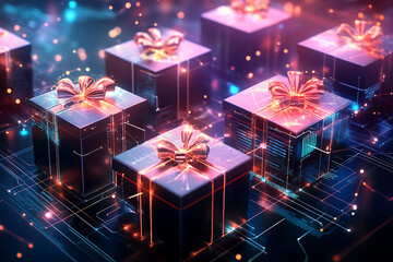 An abstract digital background featuring a wrapped gift box adorned with bows and ribbons, combined with modern data connections. 