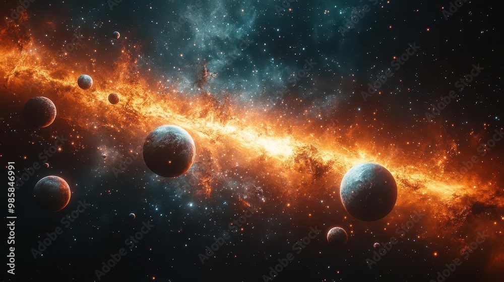 Wall mural cosmic panorama showcases diverse array of planets each uniquely textured and colored celestial bodi