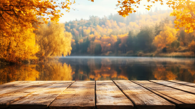 Aesthetic autumn lake surrounded by vibrant fall trees, wooden table for product placement. Generative AI