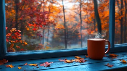 cozy autumn scene with a steaming mug of pumpkin spice latte on a windowsill overlooking a misty forest with vibrant fall foliage