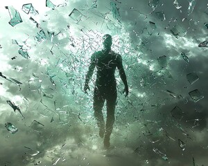 A mysterious figure emerges from shattered glass, symbolizing transformation and breaking free from constraints in a surreal atmosphere.