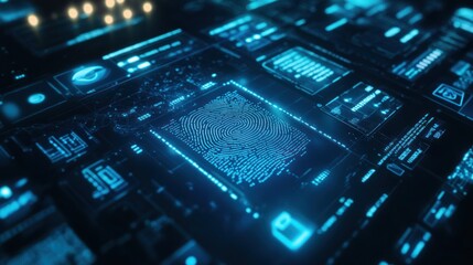 High-tech interface showing biometric data analysis, with digital fingerprints and facial recognition elements displayed on a virtual screen