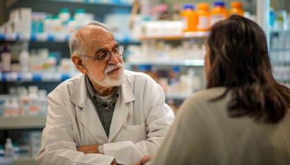 Obraz premium Senior pharmacist consulting with customer in pharmacy