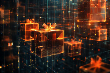 An abstract digital background featuring a wrapped gift box adorned with bows and ribbons, combined with modern data connections