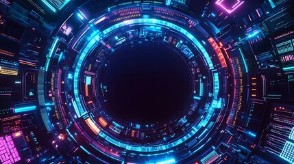 Obraz premium Abstract circular futuristic glowing neon light tunnel with copy space.