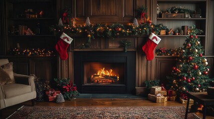 cozy fireplace adorned with a festive red stocking twinkling lights and evergreen garlands creating a warm and inviting christmas scene