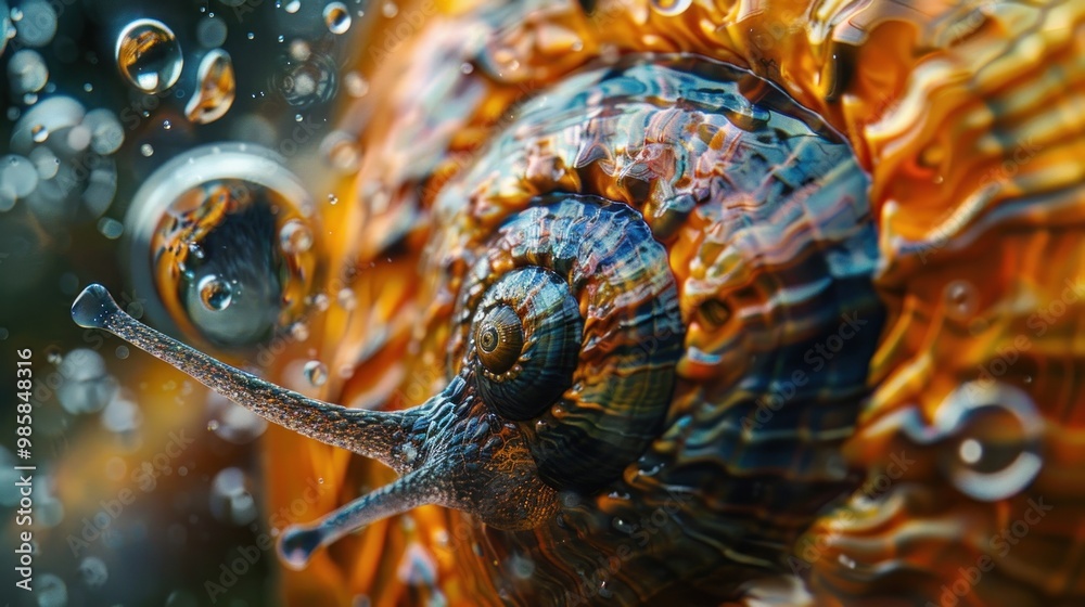 Poster Snail Shell Macro with Water Drops.